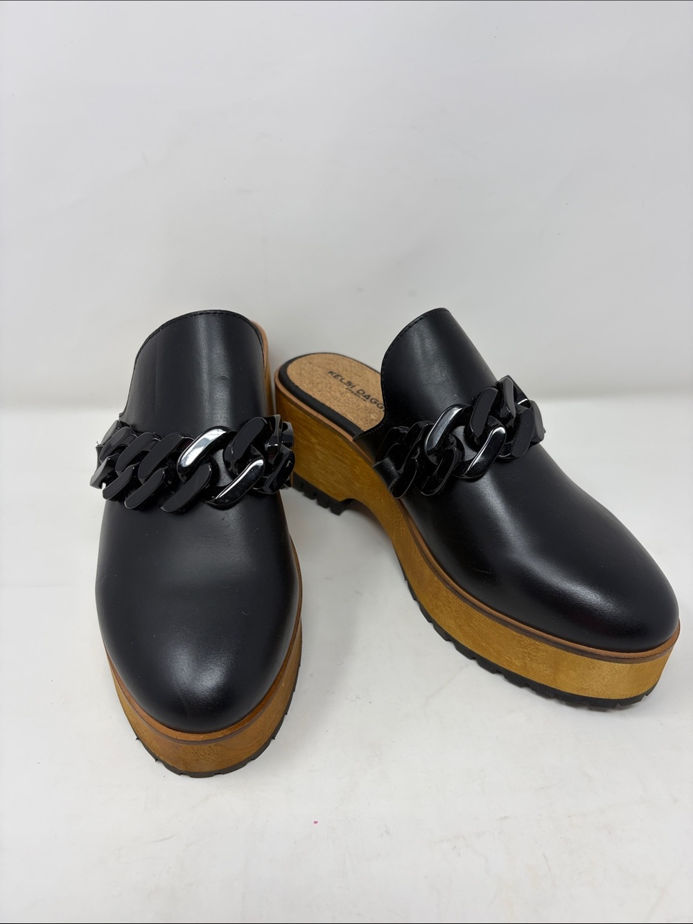 Kelsi Dagger Black Chain-Trim Platform Mules Size 7.5 Excellent Condition